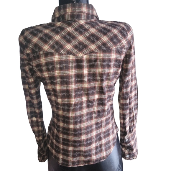 Bluenotes Brown and Tan Plaid Flannel Western Style Snap Button Shirt M - Picture 6 of 7